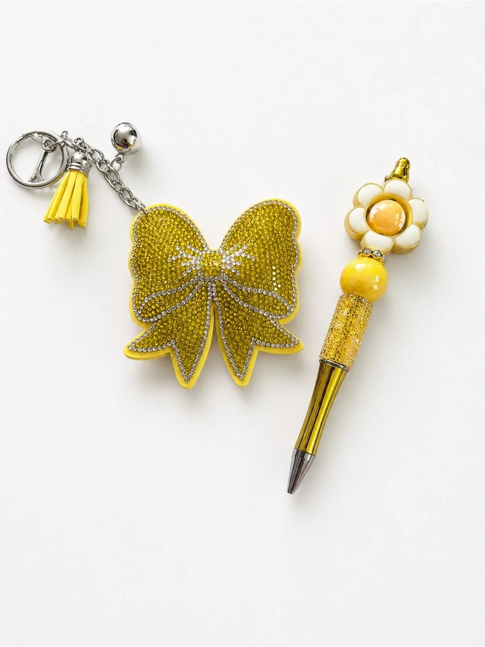 Yellow Rhinestone Bow Keychain & Daisy Pen Set